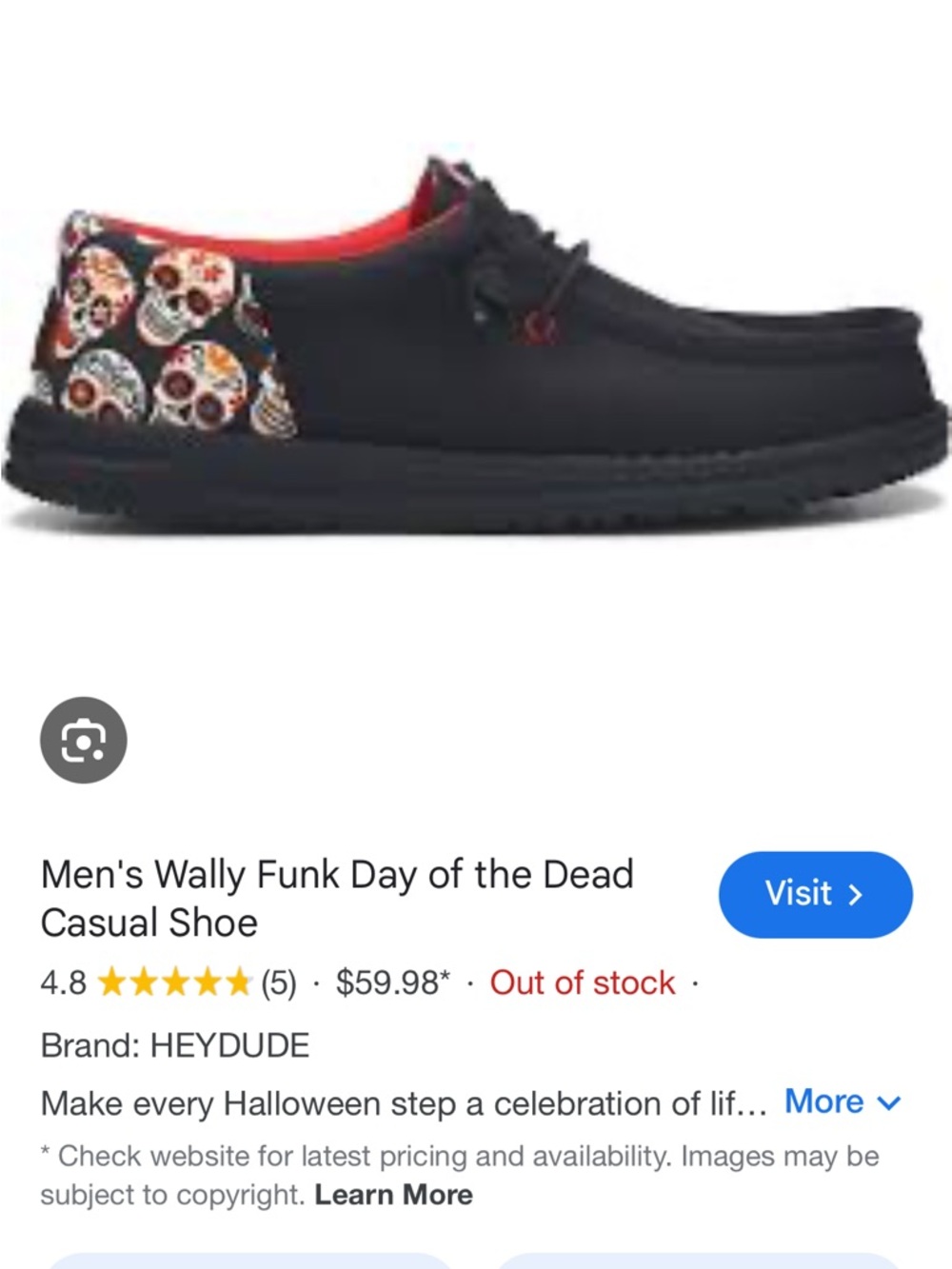 Hey Dude Black Loafer with Red & Multicolor Skull Heel
Day of the Dead